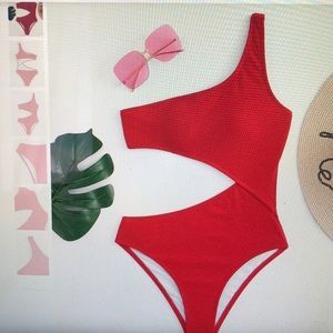 Red one shoulder cutout one piece swimsuit